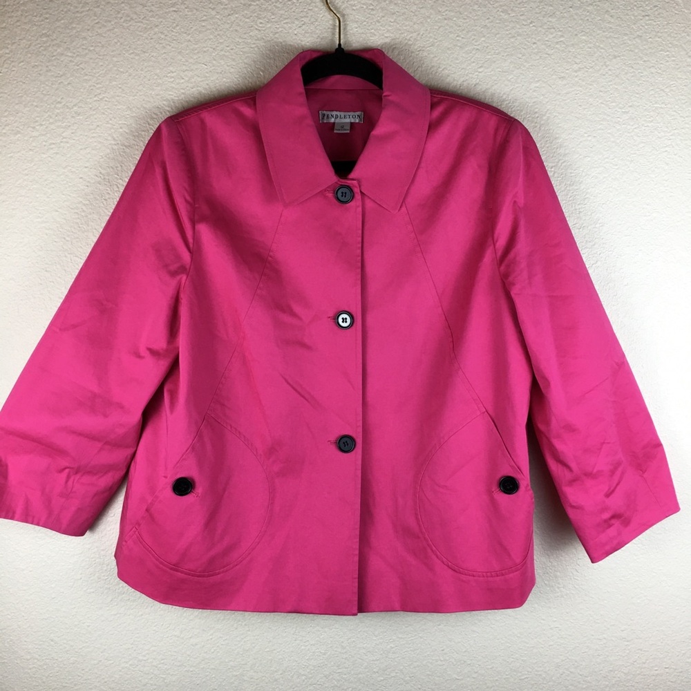 Pendleton Bright Hot Pink Boxy Jacket Black Buttons Blazer Lined Pockets Size 12